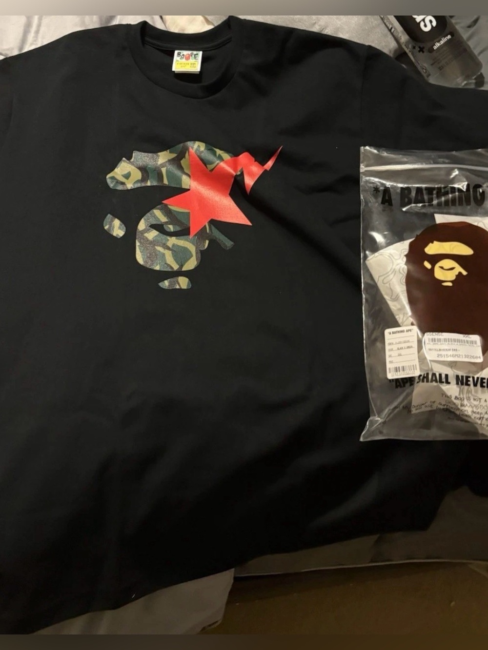 Bape Black Short-Sleeve Tee with Red Star and Camo Logo